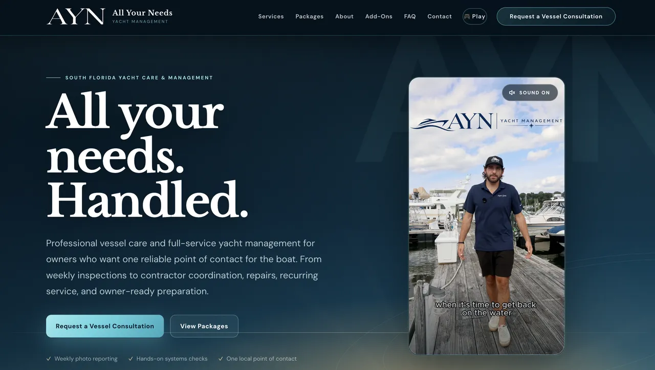 AYN Yacht Management homepage with a portrait video hero